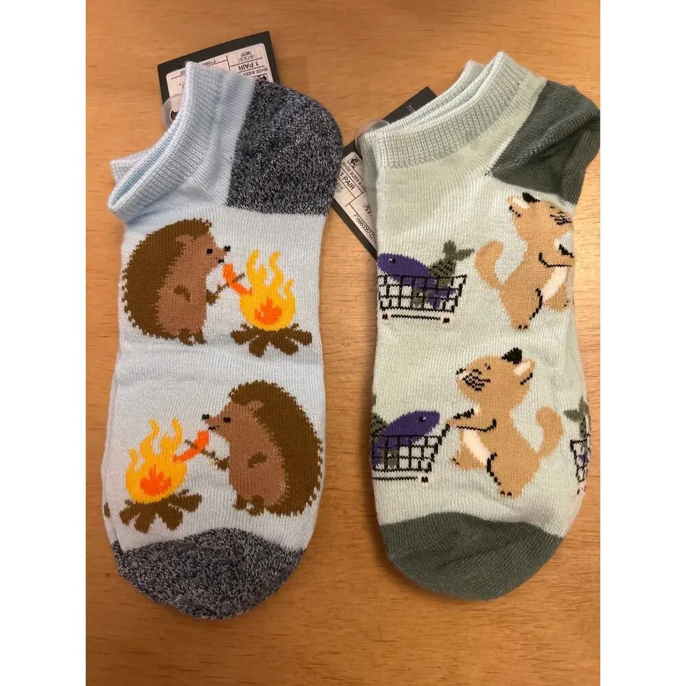 New Womens 2 Pairs Hello Socks! Porcupine Cat Print low cut socks shoe size 4-10
